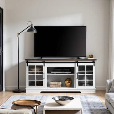 TV Stand for TVs up to 65''with Sliding Glass Doors & Adjustable Shelves, Large Storage Cabinet , Cable Management