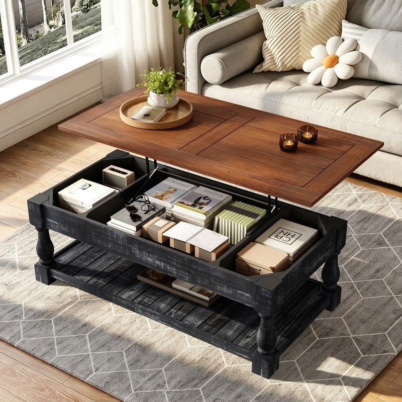 Farmhouse 47.24" Lift Top Coffee Table with Storage Trays Handcrafted Solid Wood for Stylish Living Room Storage