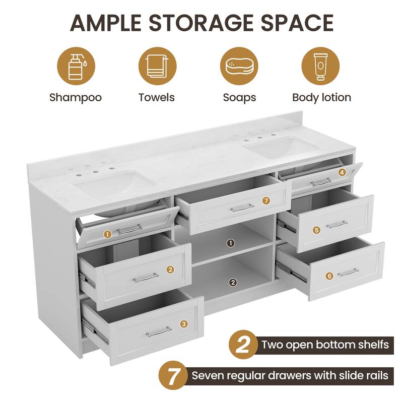 72-in Undermount Double Sink Bathroom Vanity with White Quartz Top