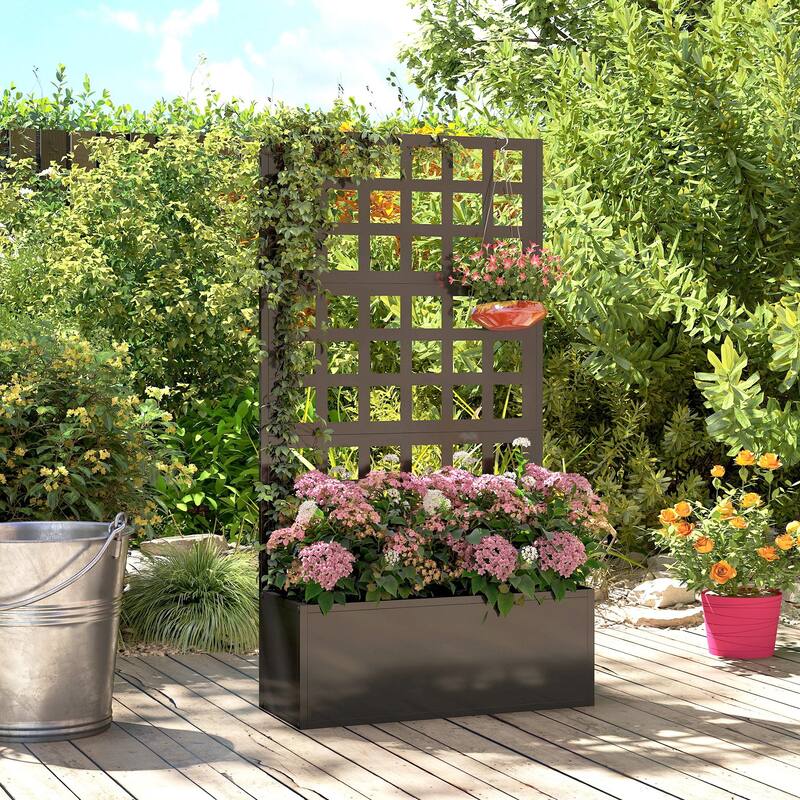 Outsunny Galvanized Raised Garden Bed with Trellis, Metal Planter Box with Drainage Holes
