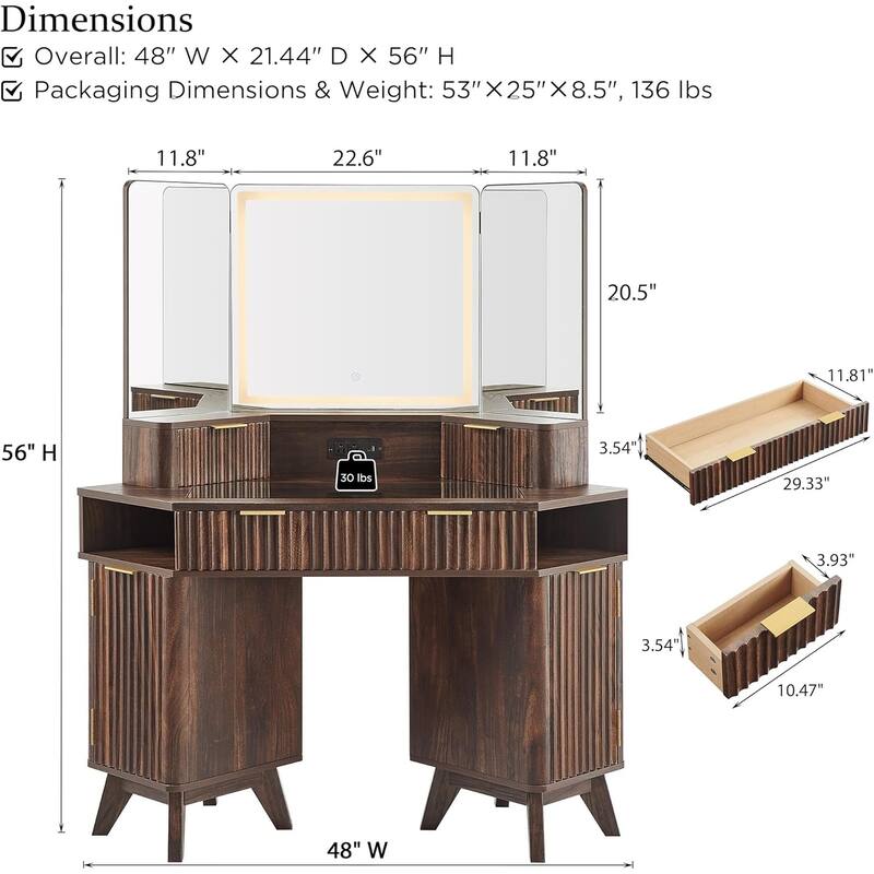 Modern Fluted Makeup Vanity Desk with 3 Way Mirror&Light, Vanity Table