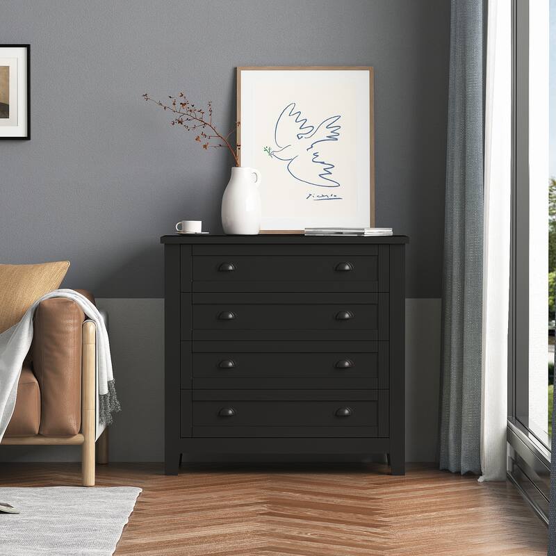 Modern Black Storage Solid Wood Retro Shell Handle Side Cabinet