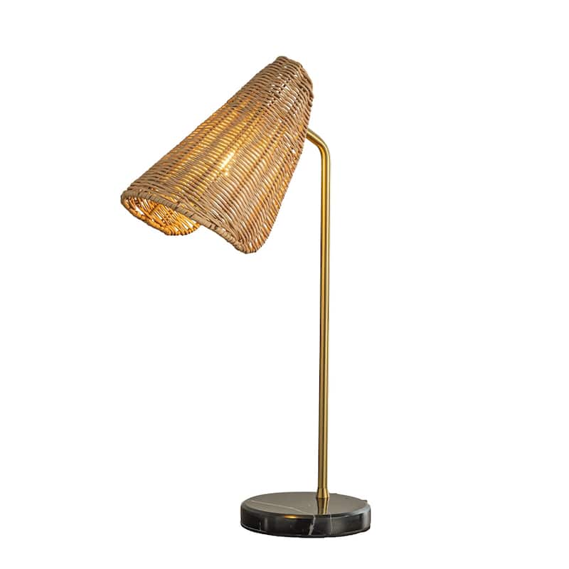 22'' Farmhouse Handwoven Rattan Table Lamp Antique Brass Finish Black Marble Base Rustic Nightstand Lamp For Bedroom Living Room - W16'' - Antique Brass