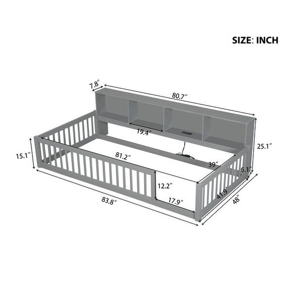 dimension image slide 2 of 3, Kids Wood Semi-enclosed fence Floor Bed with Storage Cabinets and USB Ports