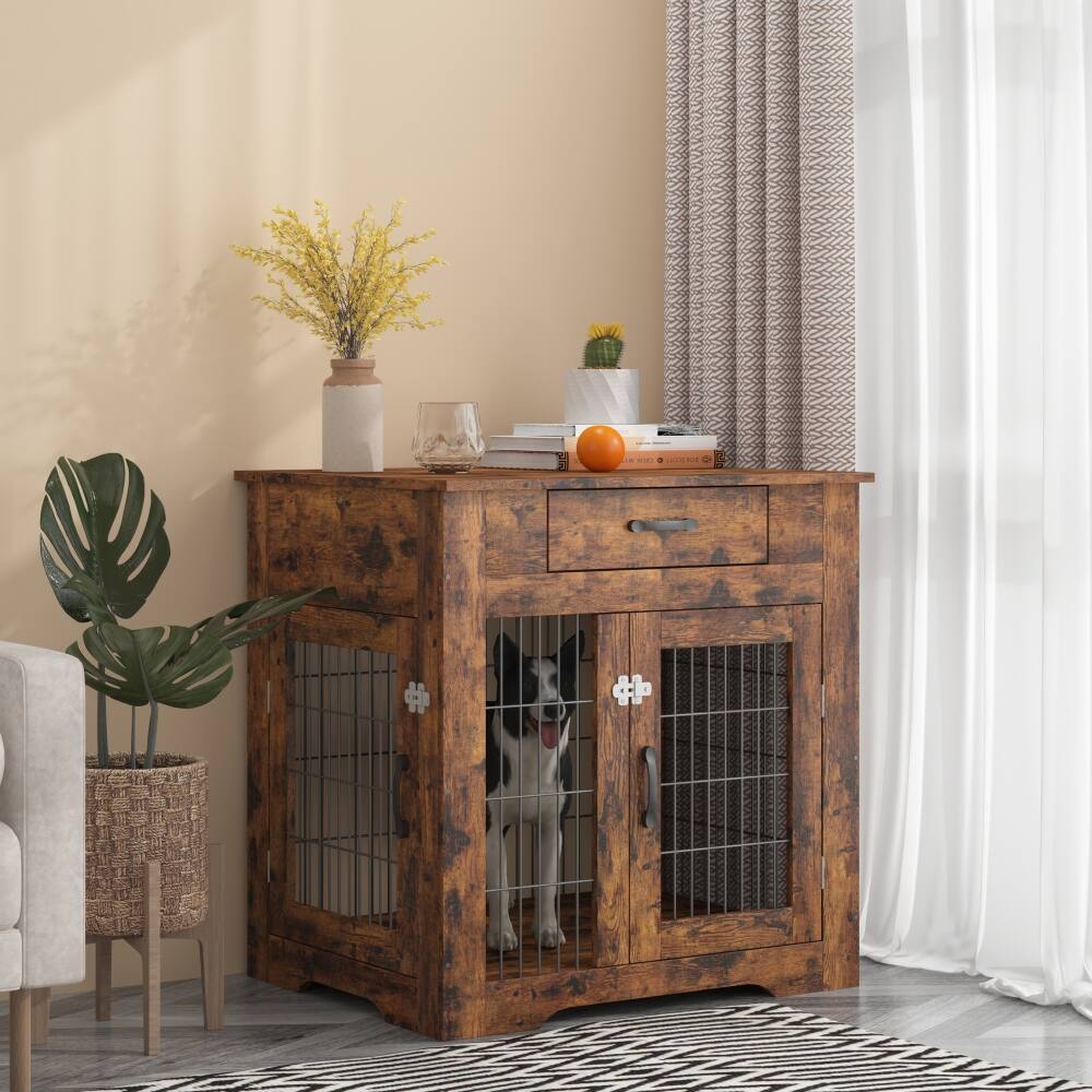 Furniture Style Brown Pet Kennels End Table with Drawer for Indoor Use