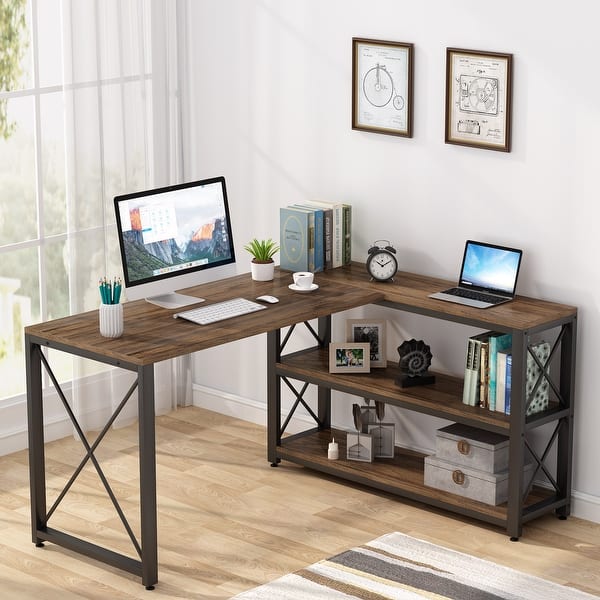 HOMCOM L Shaped Computer Desk Home Office Corner Desk Study Workstation Table with with Wide Desktop 2 Side Shelves Steel Frame Dark Grey