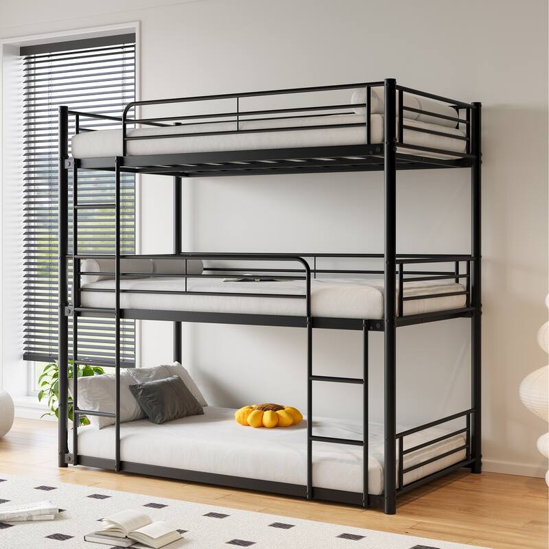 Triple Twin Bunk Beds, Twin Over Twin Over Twin Metal Bunk Bed Platform Frame, Two Attached Ladders
