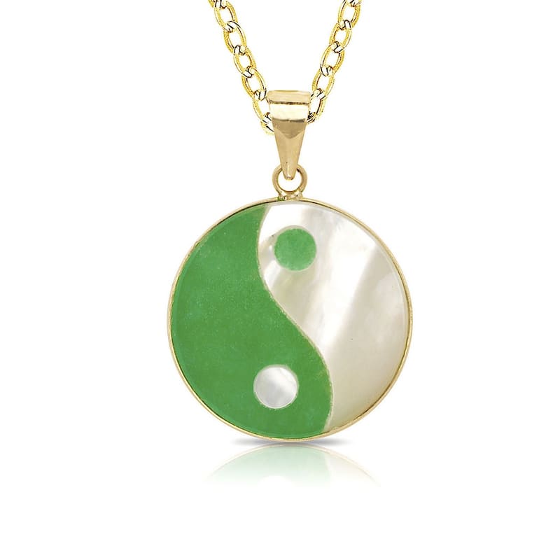 Curata 14k Yellow Gold Green Jade or Black Onyx Small Ying Yang Necklace (14mm x 22mm)