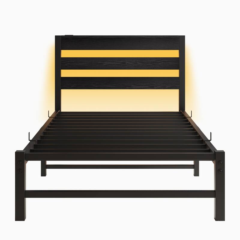 Modern Metal Bed with Wooden Headboard, RGB Lights & Storage Shelf