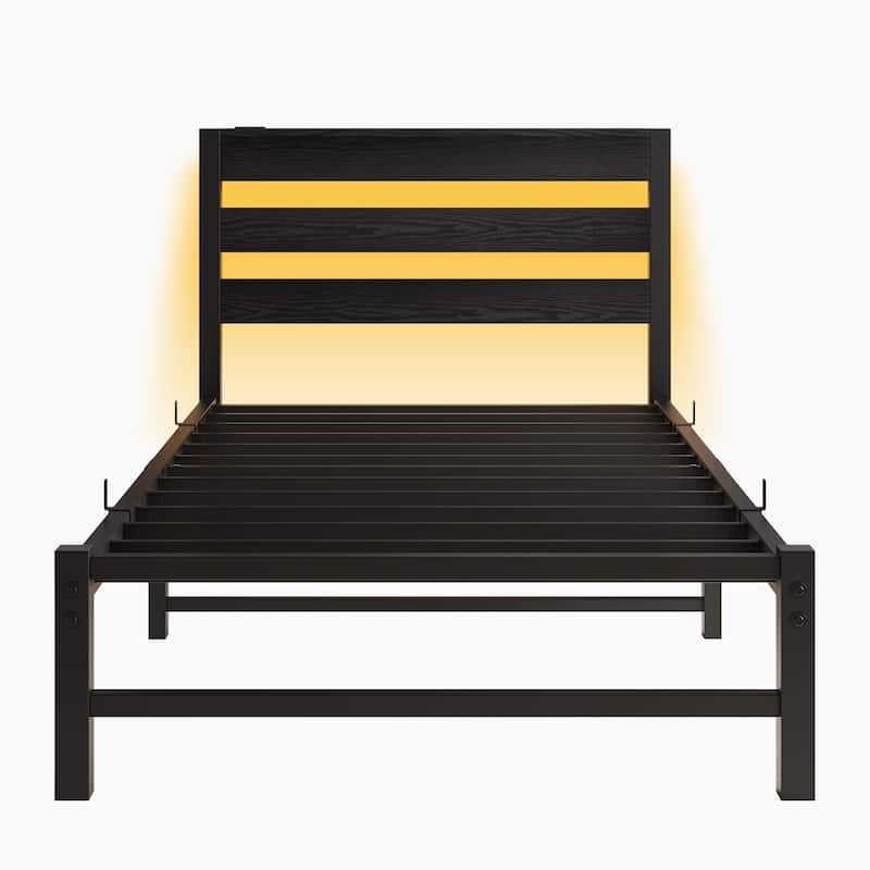 Twin Size Modern Metal Bed with Wooden Headboard, RGB Lights, and Storage Shelf