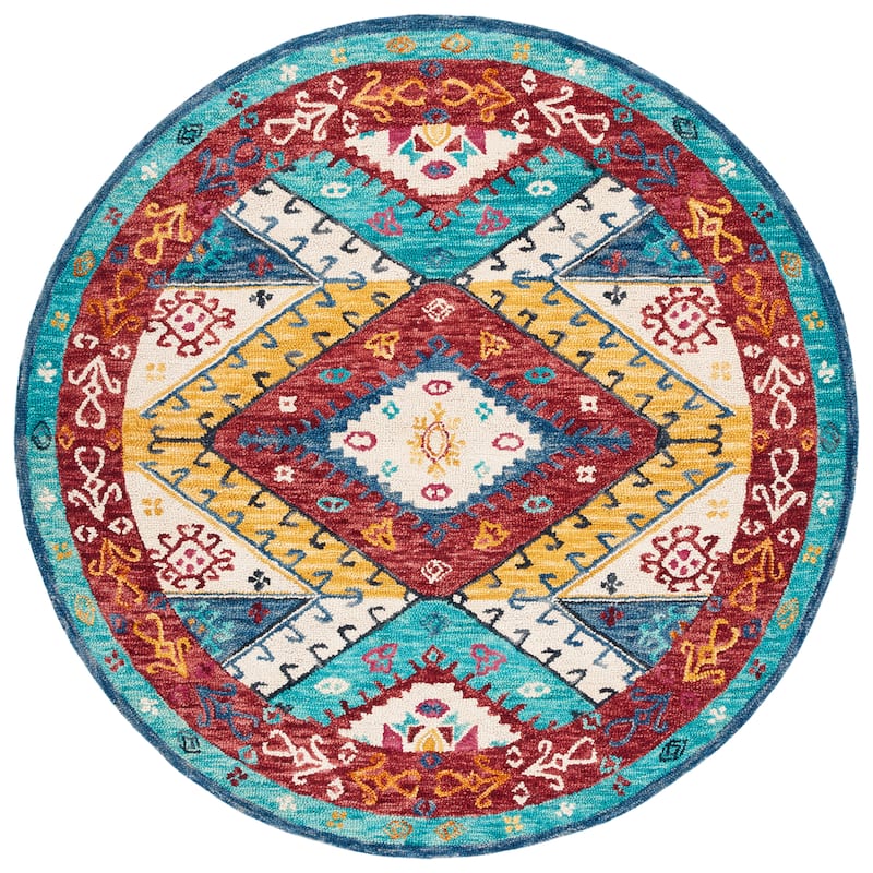 SAFAVIEH Handmade Aspen Arleta Boho Tribal Wool Rug - 7' Round - Blue/Rust