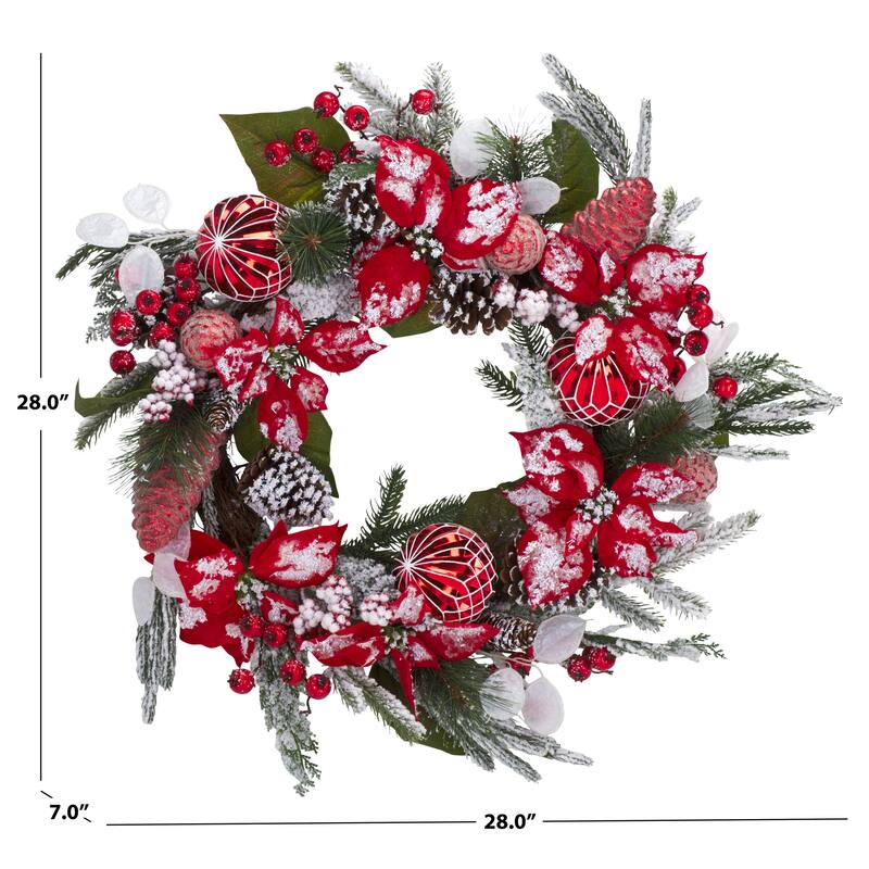 SAFAVIEH Home Faux 28-inch Snowy Needle Pine Wreath With Red Poinsettias & Ornaments