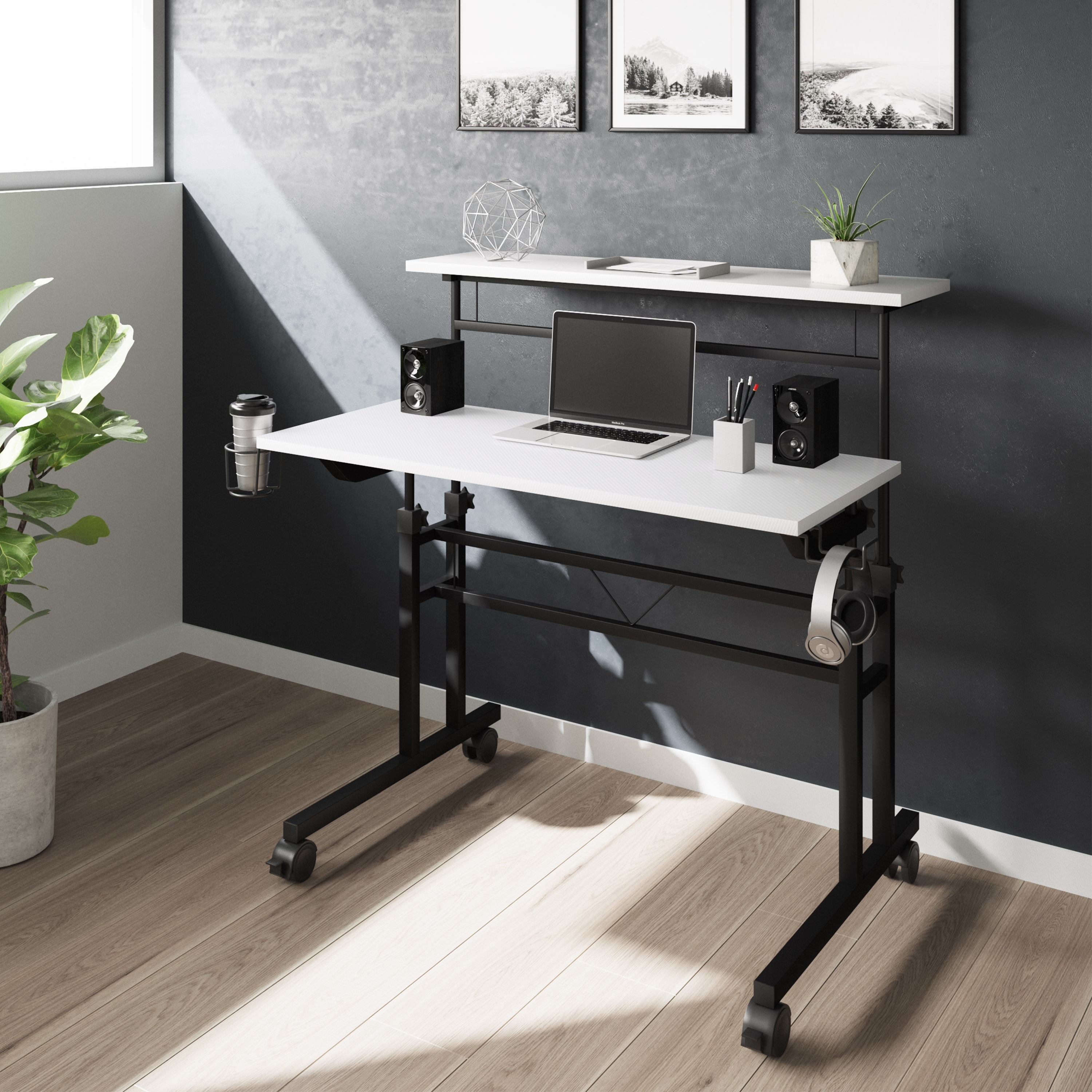 Industrial Rolling Desk with Adjustable Height, Riser Shelf, and Front Locking Wheels for Compact Workspaces