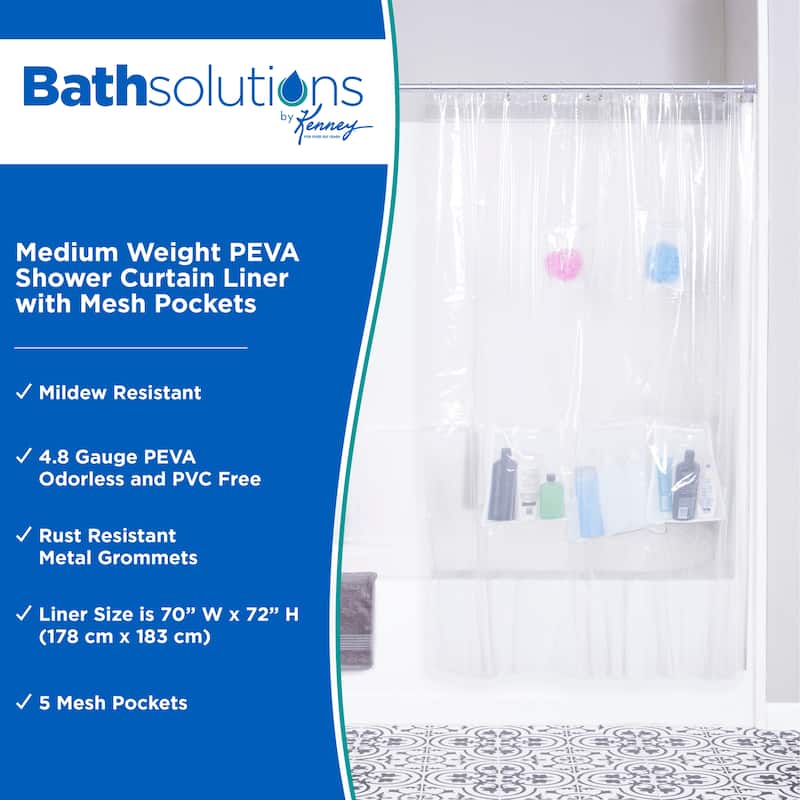 Kenney Medium Weight PEVA Shower Curtain Liner with Pockets, 70" W x 72" H - Clear