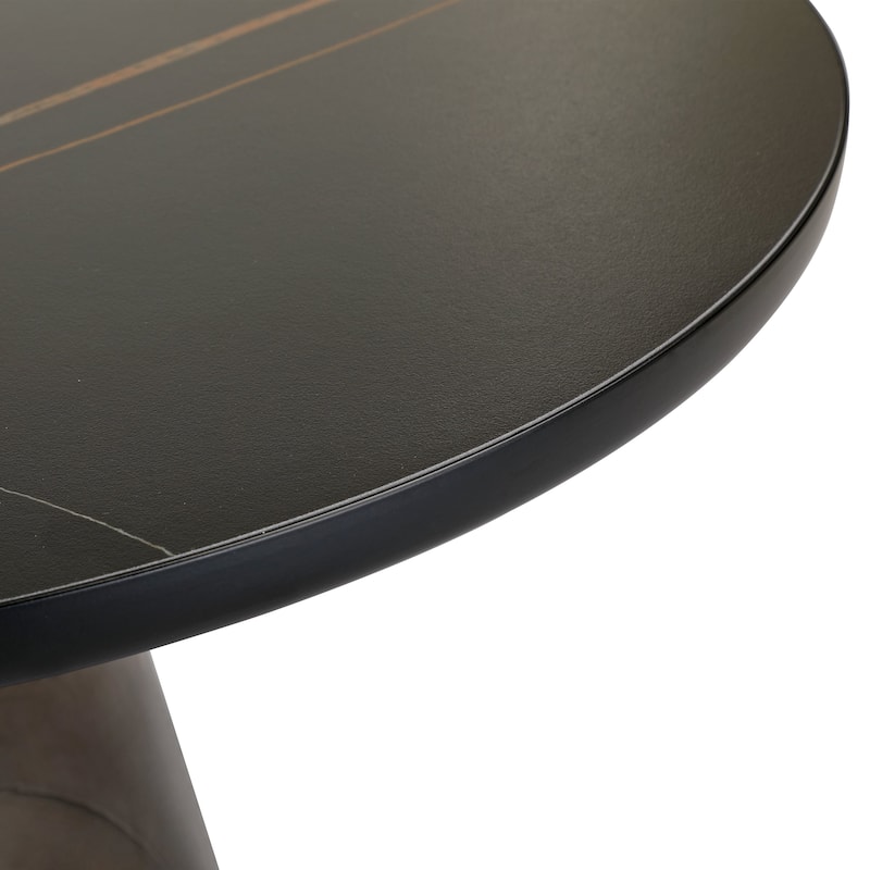 30-Inch Round Coffee Table Glass/Stone Tabletop with Black Iron Rim Frame Glass Pedestal Base