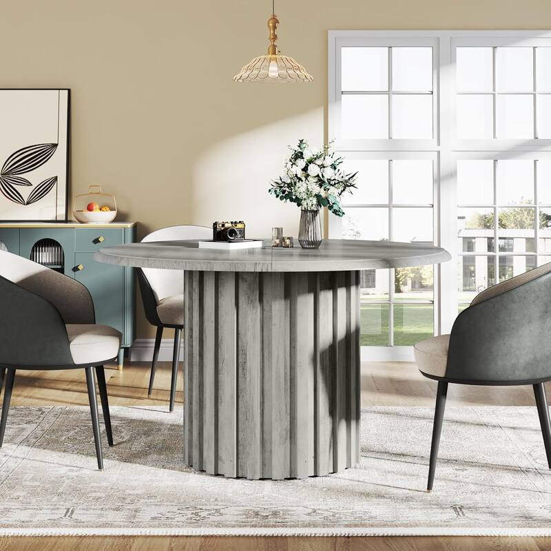 Round Dining Table Kitchen Table, Farmhouse Dinner Table with Metal Base