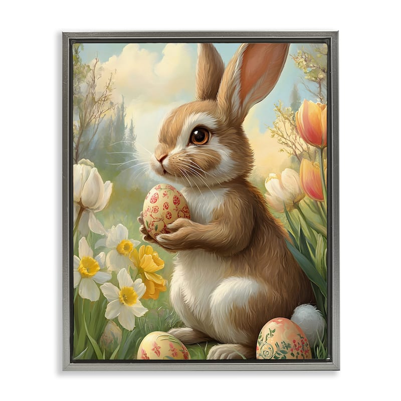 Stupell Easter Bunny with Painted Eggs Framed Floater Canvas Wall Art Design By Franklyn Gregory - 25 x 31 - Grey