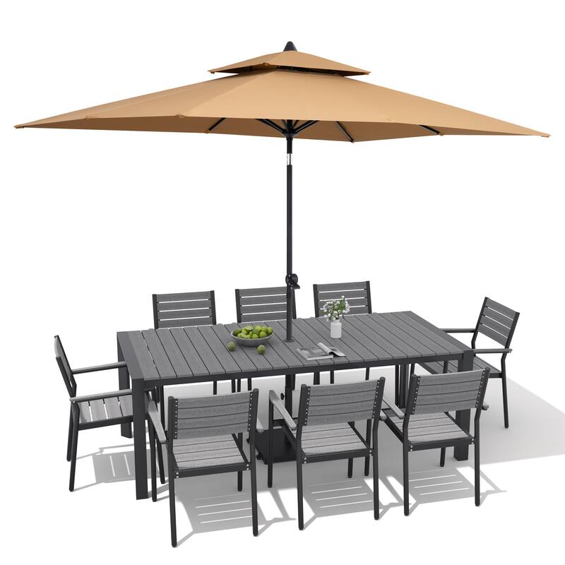 9/11-Piece Patio Dining Set Aluminum Dining Table and Chairs w/10 ft Market Umbrella and Base with Wheels