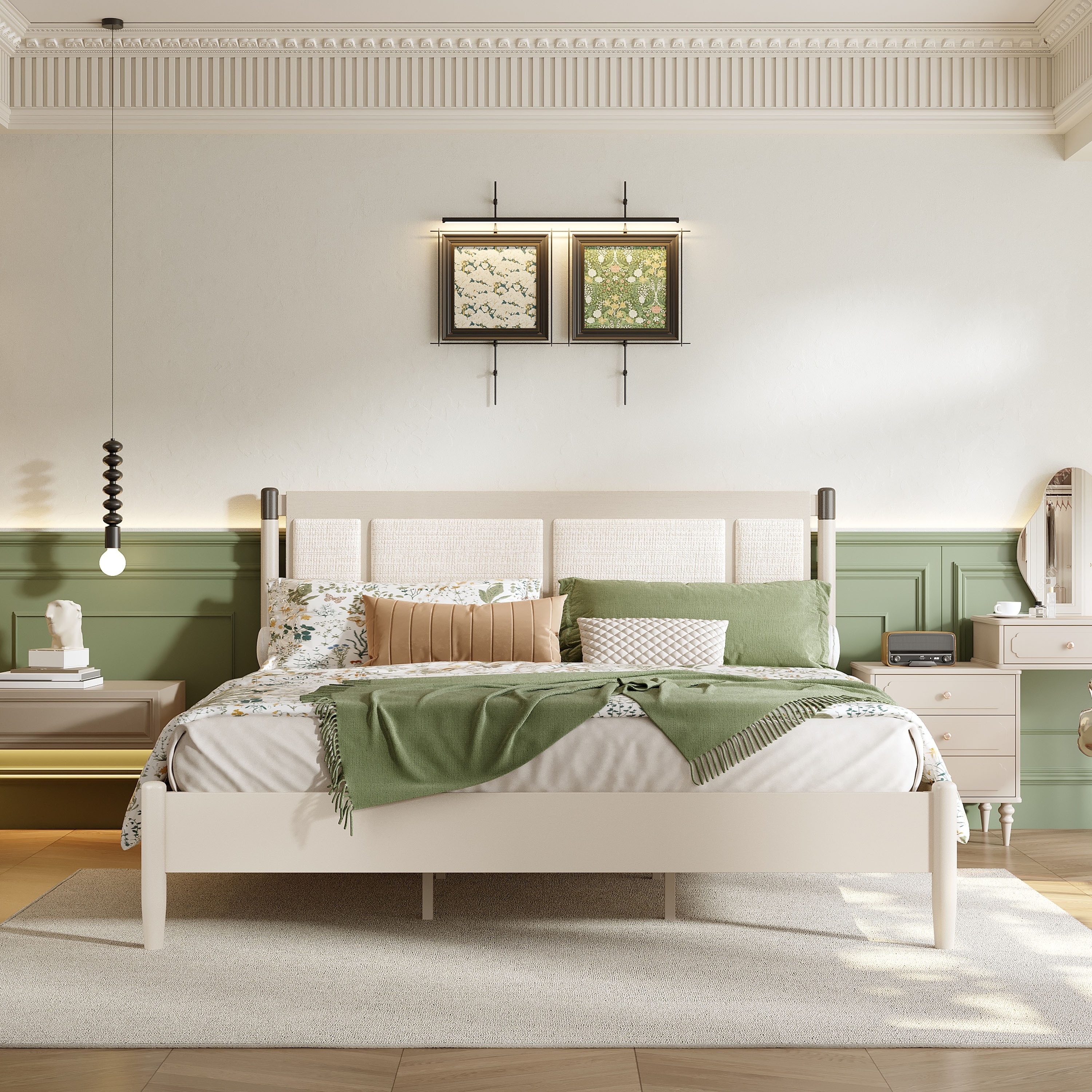 Roomfitters King Wood Platform Bed Frame, Heavy Duty 600lbs Support, Upholstered Headboard with Metal Accents