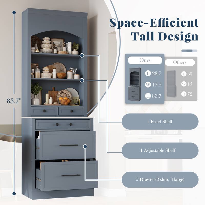 Kitchen Pantry Cabinet with Faux Marble Top, Freestanding Storage Cabinet, Buffet Cabinet with 5 Drawers & Adjustable Shelf