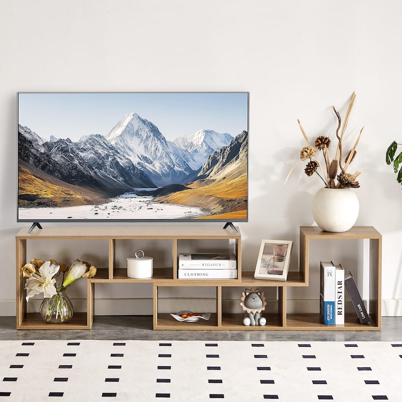 Modular 2-Piece L-Shaped TV Stand With Open Shelving, Customizable Media Console & Bookcase For Living Room , - Natural Wood