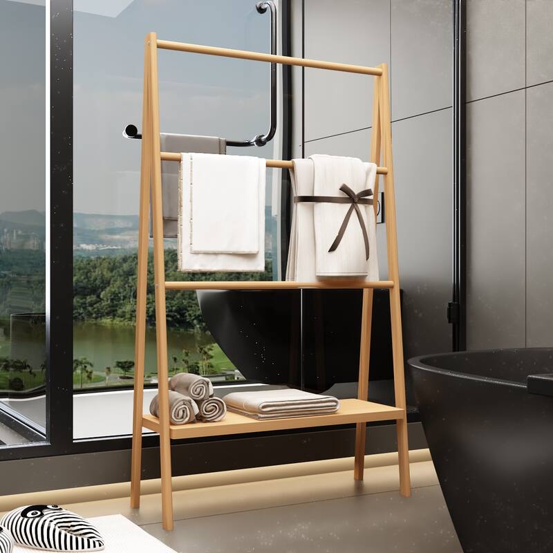 Bamboo Ladder Towel Rack with Storage Shelf Entryway Bench with Coat Rack Stand and Shoe Rack