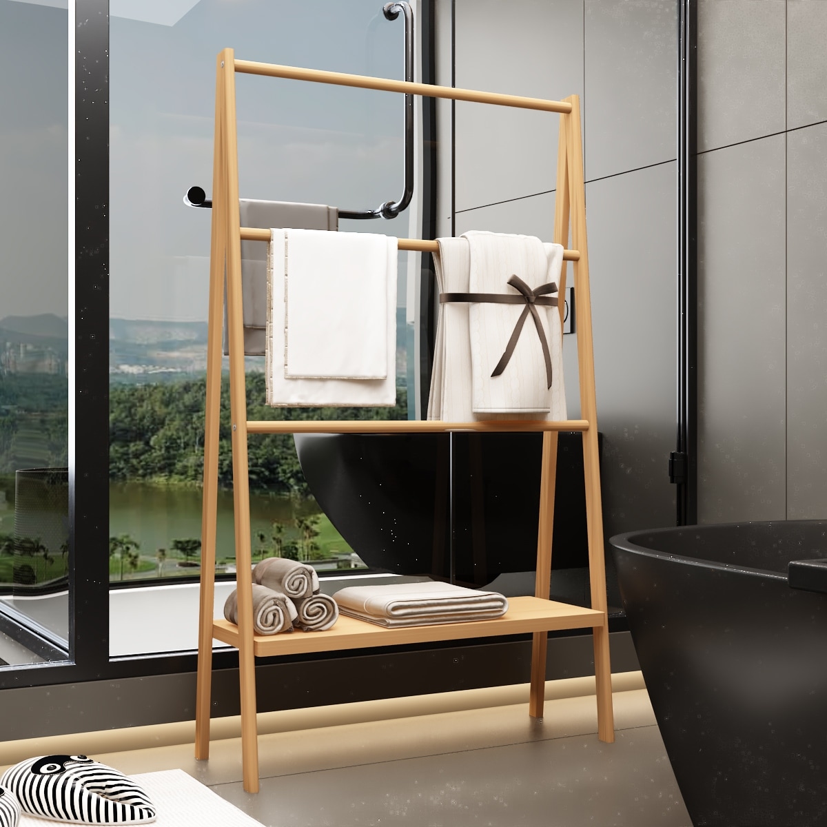 GDFStudio - Freestanding 51.7'' Tall Bamboo Ladder Towel Rack with Bottom Storage Shelf for Bathroom, Poolside, or Laundry Room