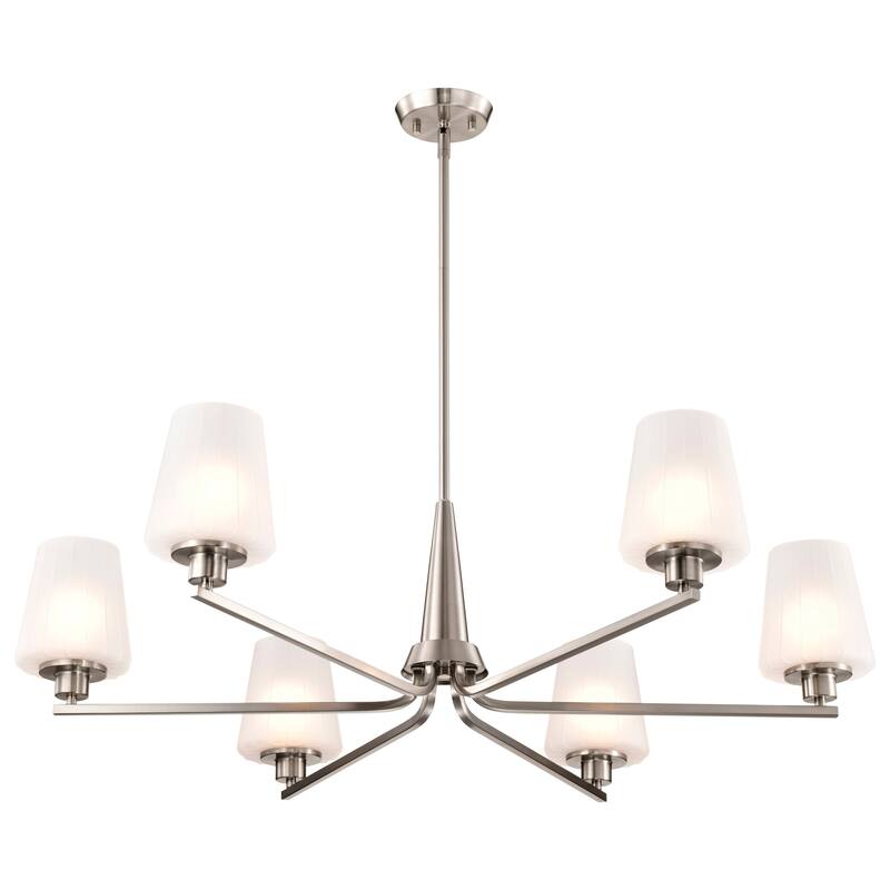 Lune 6 Light Chandelier Brushed Nickel Finish Etched White Glass - Brushed Nickel