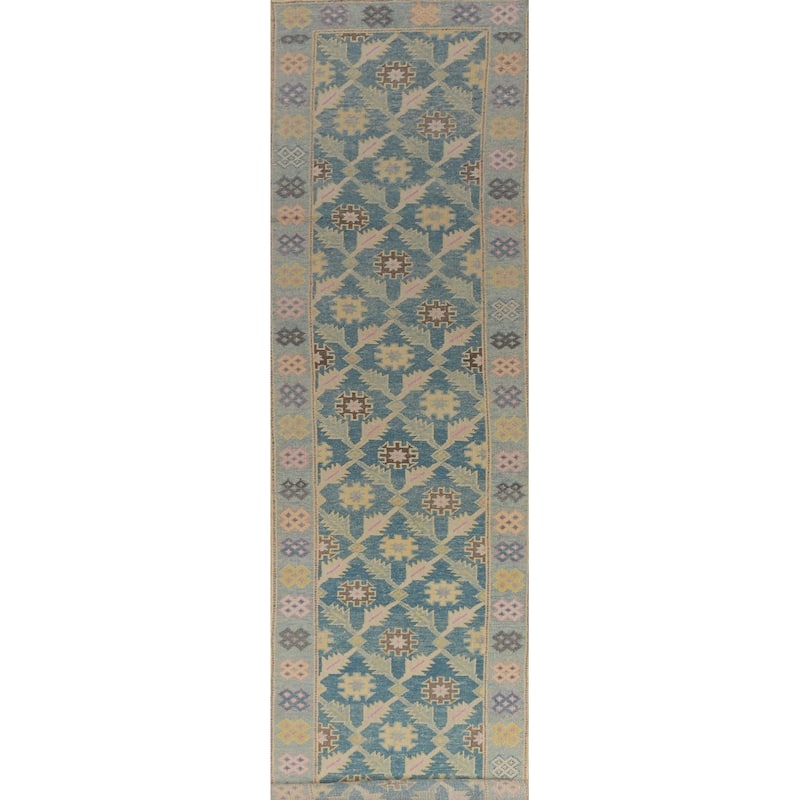 Hand Knotted Oriental 100% Wool Carpet Transitional Floral Navy Blue & Blues Oushak Runner Rug - 17' 2'' X 3' 1''