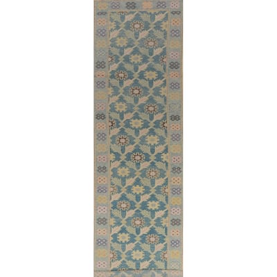Hand Knotted Oriental 100% Wool Carpet Transitional Floral Navy Blue & Blues Oushak Runner Rug - 17' 2'' X 3' 1''