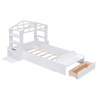 Twin Wooden Low Platform Bedframe w/ Shelves, Socket & Bench at The Foot