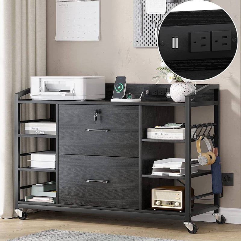 Solid Wood Printer Stand Bookcase with Lock and Power - Black