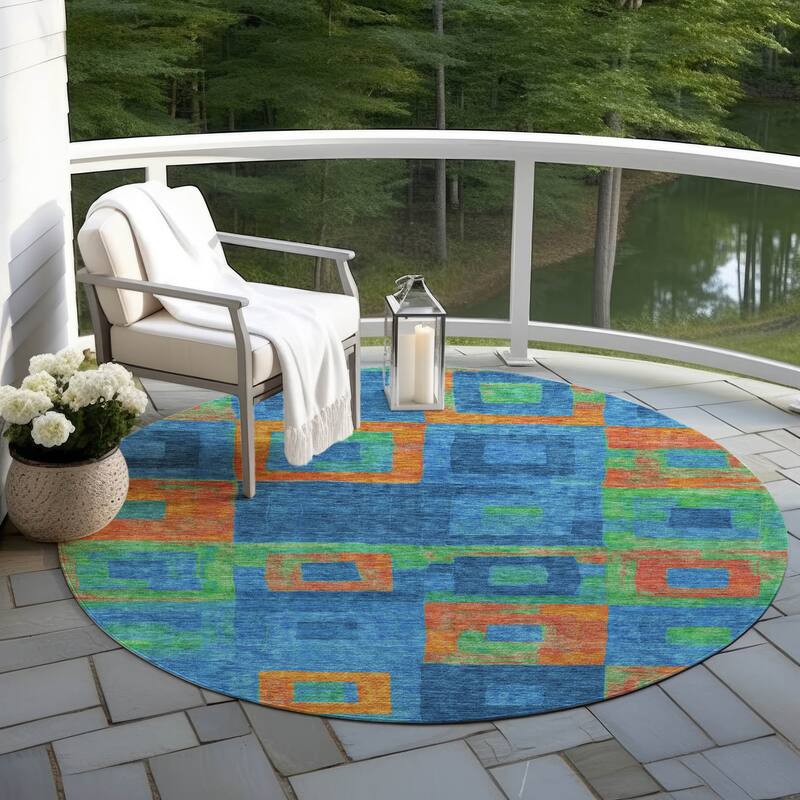 Machine Washable Indoor/ Outdoor Contemporary Blocks Chantille Rug