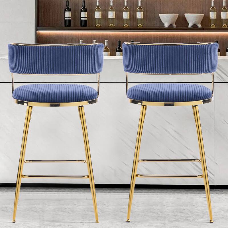 Set of 2 Modern Blue Corduroy Bar Stool with Curved Backrest and Gold Steel Frame for Indoor Use