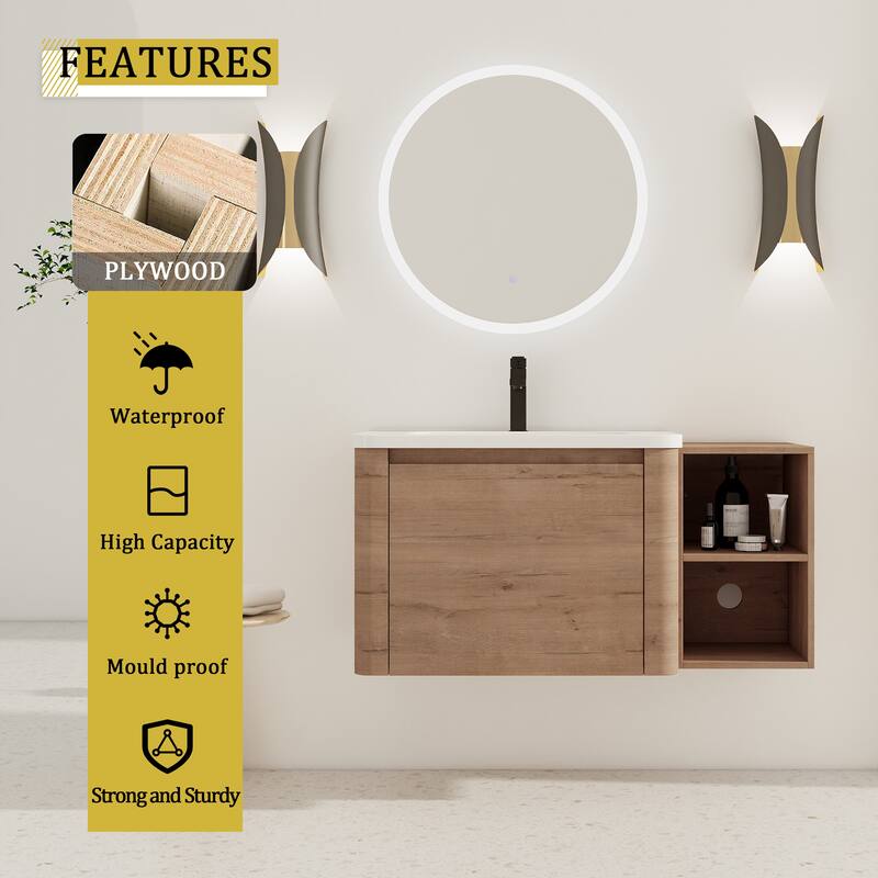 40'' Wall-Mounted Bathroom Vanity with White Ceramic Sink and Storage Shelves & 1-Soft-Close Door, KD-Packing, Plywood