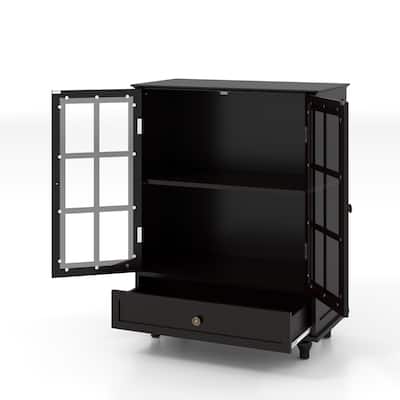 Black Sideboard Buffet Cabinet with Glass Doors and Storage Adjustable Shelf for Kitchen or Living Room - 28”L x 15”W x 36.22”H