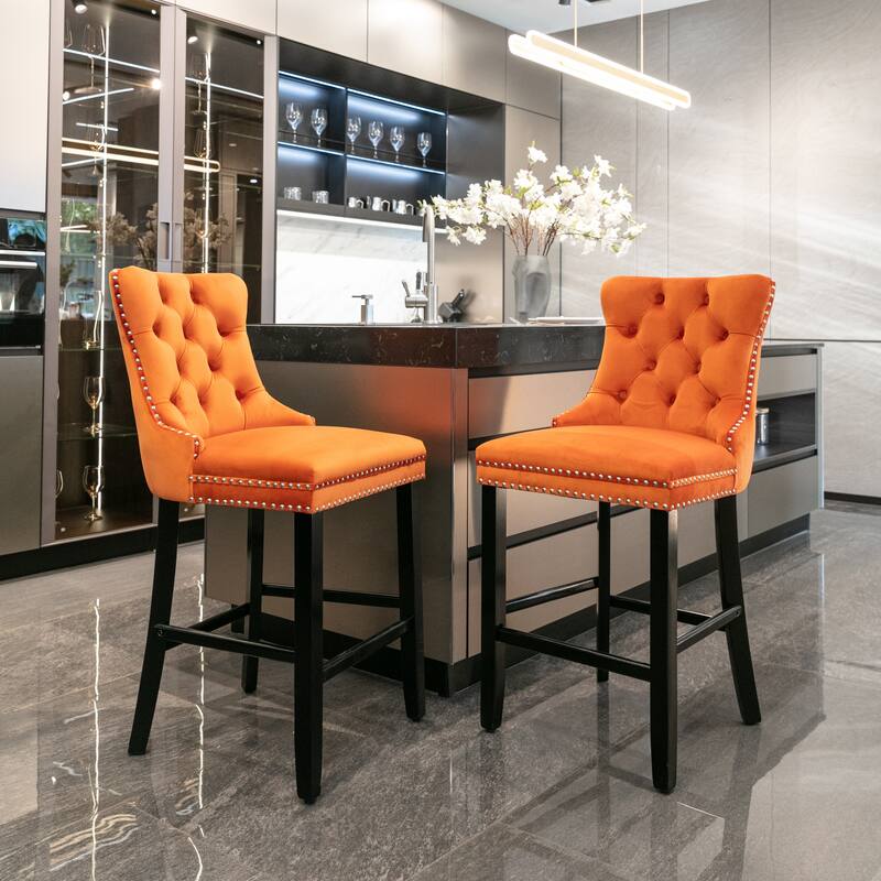 Contemporary Velvet Upholstered Barstools Leisure Style Bar Chairs Set of 2