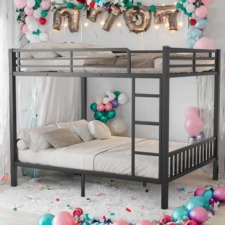 Queen Over Queen Metal Bunk Bed with Ladder and Slats Support for Adults Teens