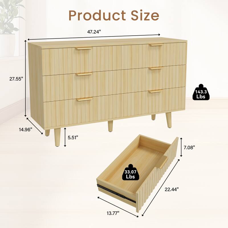 Gymojoy Fluted 6 Drawer Dresser for Bedroom, 47" Wood Chest of Drawers, Modern TV Stand for Closet, Living Room, Hallway