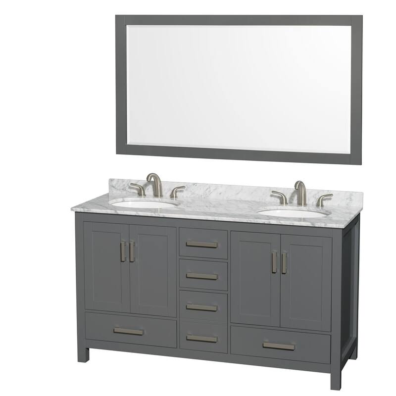 Wyndham Collection WCS141460DUNOM58 Sheffield 60" Free Standing Double - Dark Gray / White Carrara Marble Top / Brushed - Steel Finish