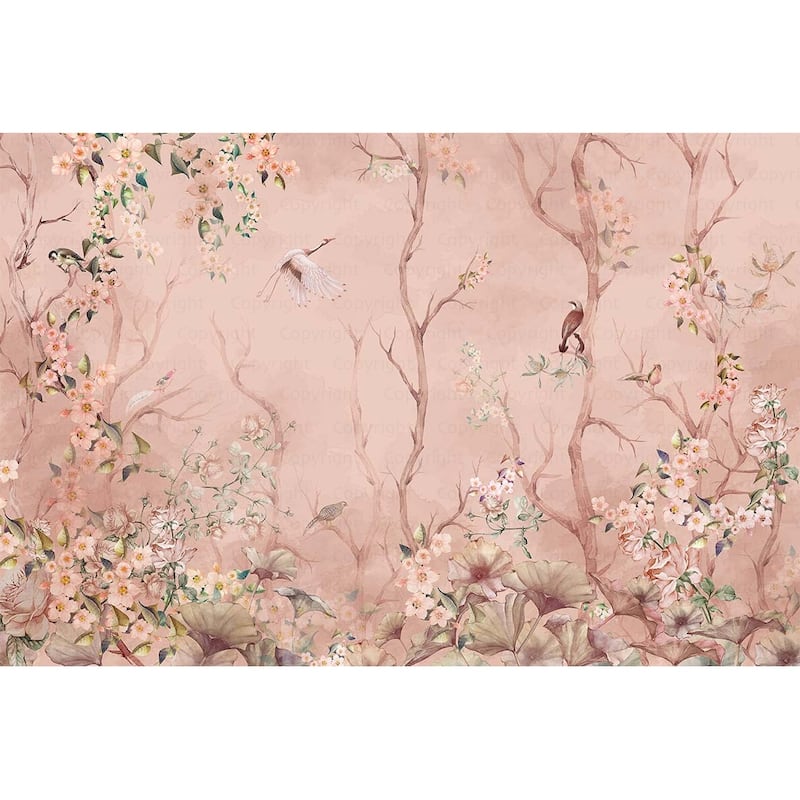 Cherry Blossom and Birds Wallpaper Mural Pastel Floral Serenity - Pink - W:175" x H:118"