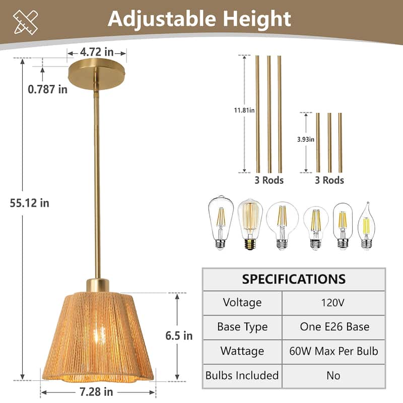 1-Light Boho Brown Paper Rope Cloche Hanging Pendant Light