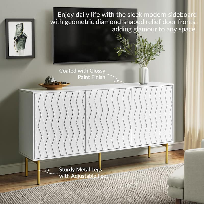 Petter Modern Diamond-shaped 60"Wide 3 Door Sideboard with Adjustable Shelves and Golden Metal Legs by HULALA HOME