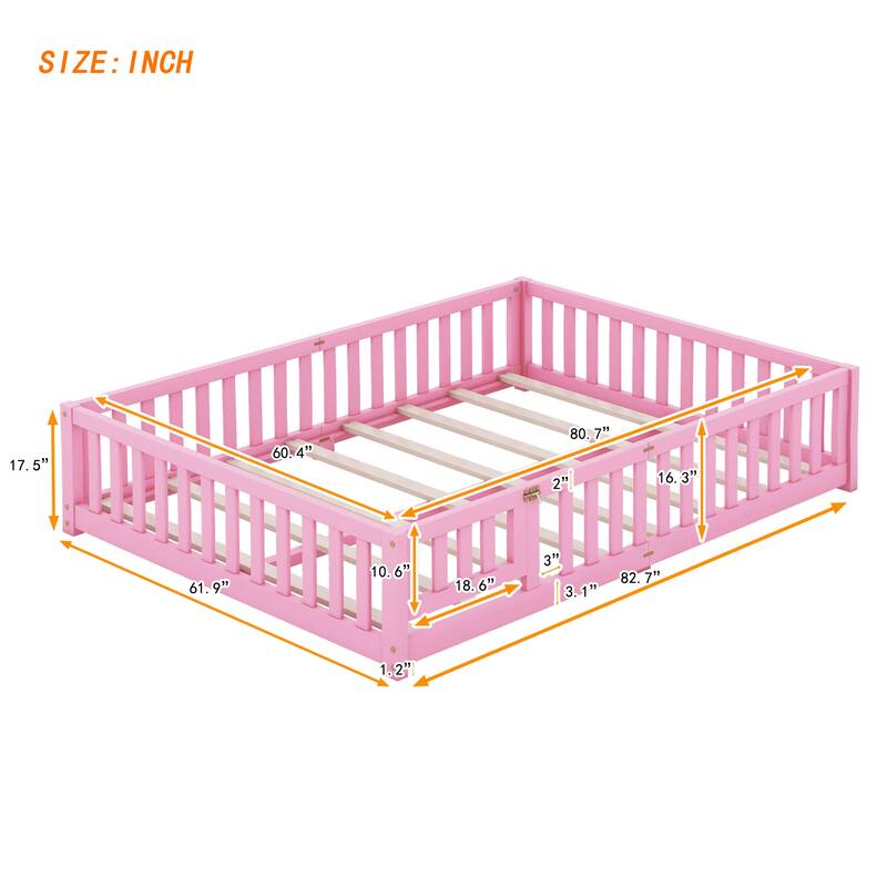 Twin/Full/Queen Size Floor Bed w/Door & Fence,Montessori Floor Bed for Kids,Solid Wood Twin/Full/Queen Bed Frame for Girls Boys