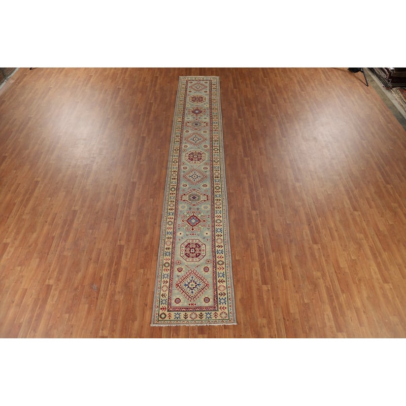 Light Blue Kazak Runner Rug Hand-Knotted Oriental Foyer Wool Carpet - 2'8" x 16'0"