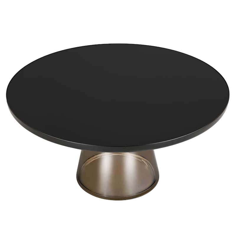 30-Inch Round Coffee Table Glass/Stone Tabletop with Black Iron Rim Frame Glass Pedestal Base