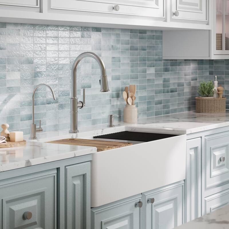 Karran 33" Double Bowl Workstation Fireclay Kitchen Sink with Reversible Fluted Apron Front