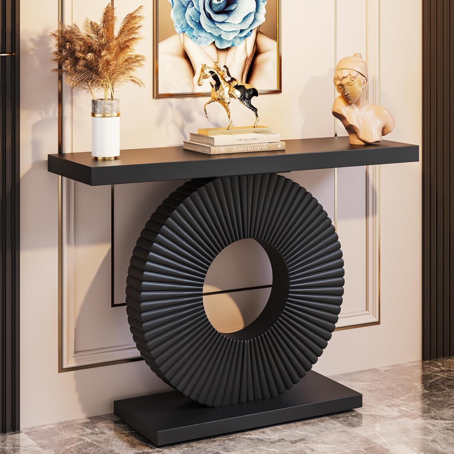 Modern 40" Geometric Console Table - Narrow Wood Accent for Living Room, Entryway, Hallway, Black