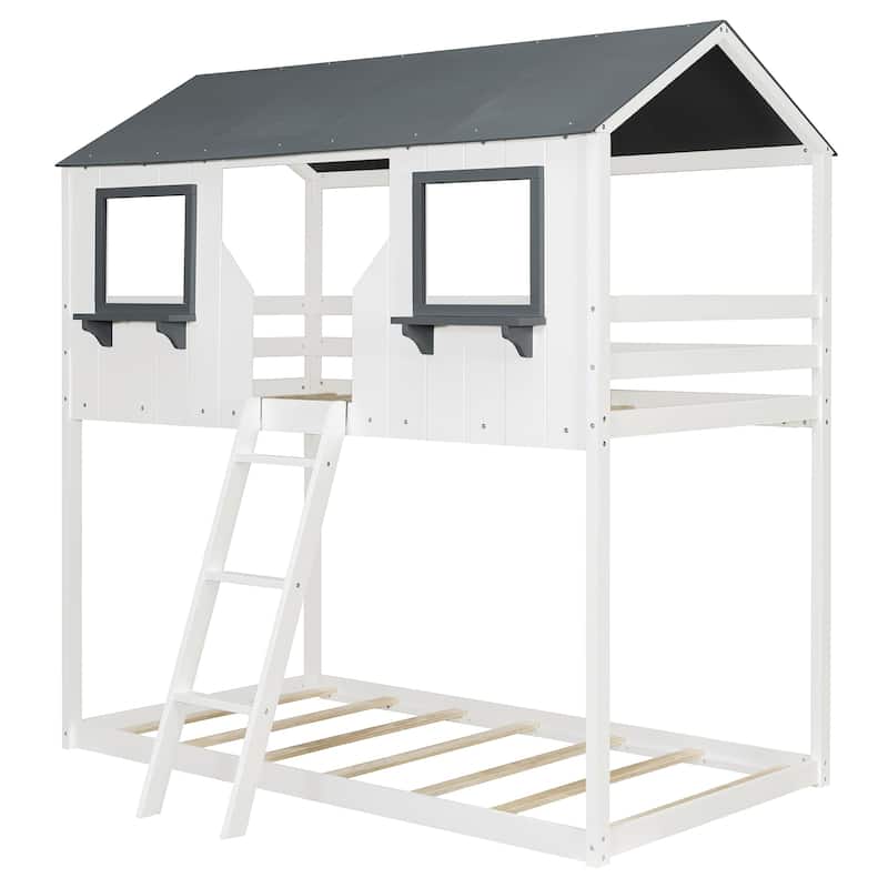 Kids House Bed Twin Over Twin Bunk Bed with Roof, Window and Shelves