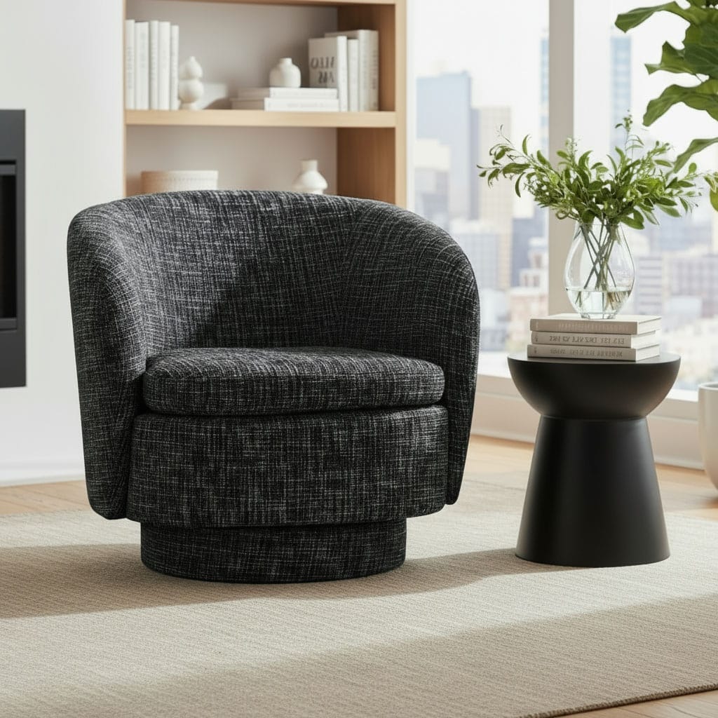 Upholstered 360° Swivel Barrel Chair with Curved Backrest
